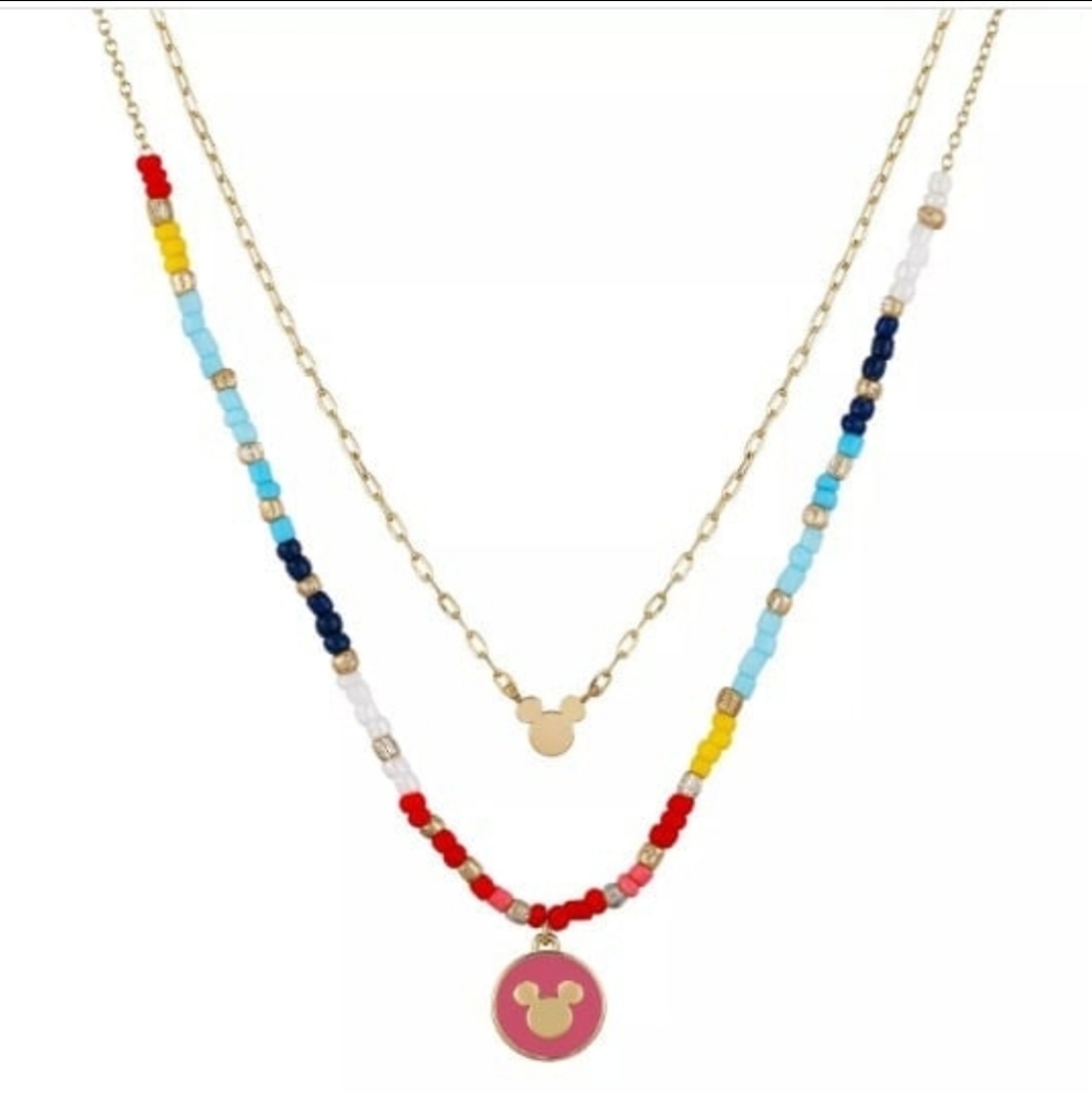 Mickey Mouse Beaded Charm & Chain Necklace 14K Gold Flash Plated 16" +2"